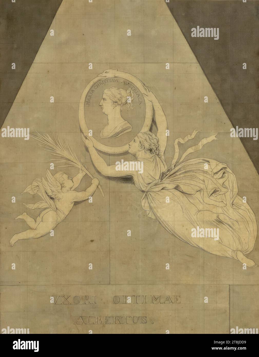 Design for the tomb of Marie Christine in the Augustinian Church of Canova: gable with genius, bliss, and putto, Karl Agricola, Säckingen 1779 - 1852 Vienna, around 1800, drawing, pencil, pen, washed, rest on tissue paper, according to Cahier: 28.8 x 21.9 cm, M.o. 'MARIA CHRISTINA AVSTRIACA'; M.u. 'VXORI.OPTIMAE / ALBERTUS, Austria Stock Photo