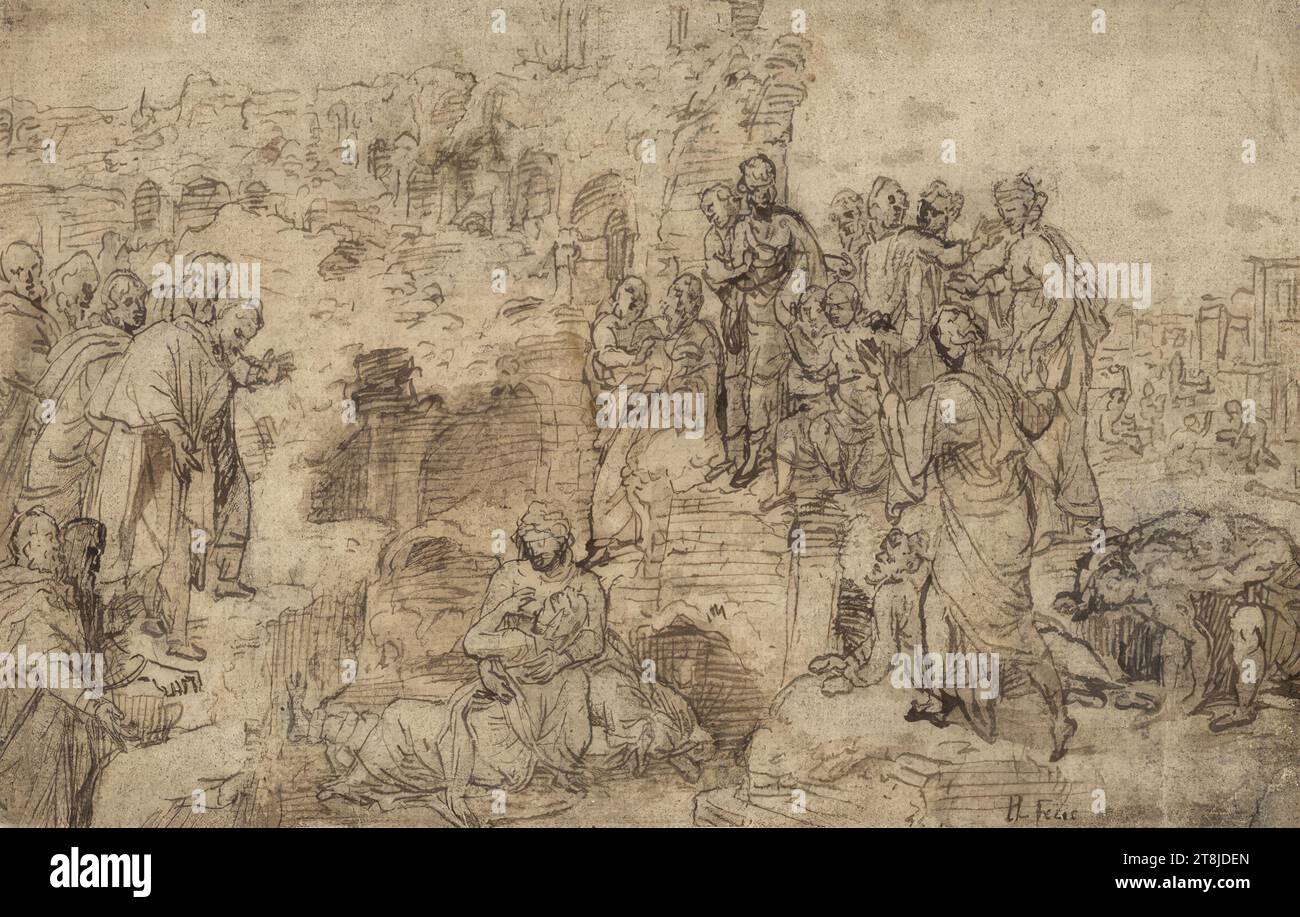 Caritas romana, - in Roman ruins, with a large audience, Lambert Lombard, Liège 1506 - 1566 Liège, drawing, pen and brown, washed, 12.9 x 20.3 cm, r. and ', I, L fecit Stock Photo