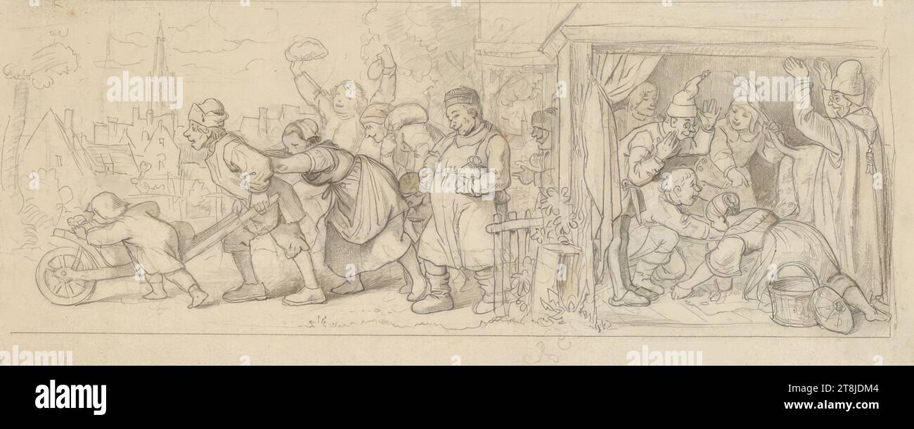 The donkey making ducats and his customers, Ludwig Richter, Dresden 1803 - 1884 Loschwitz, 1851, drawing, pencil, watercolored, mounted on backing paper, 8.4 x 20.3 cm Stock Photo