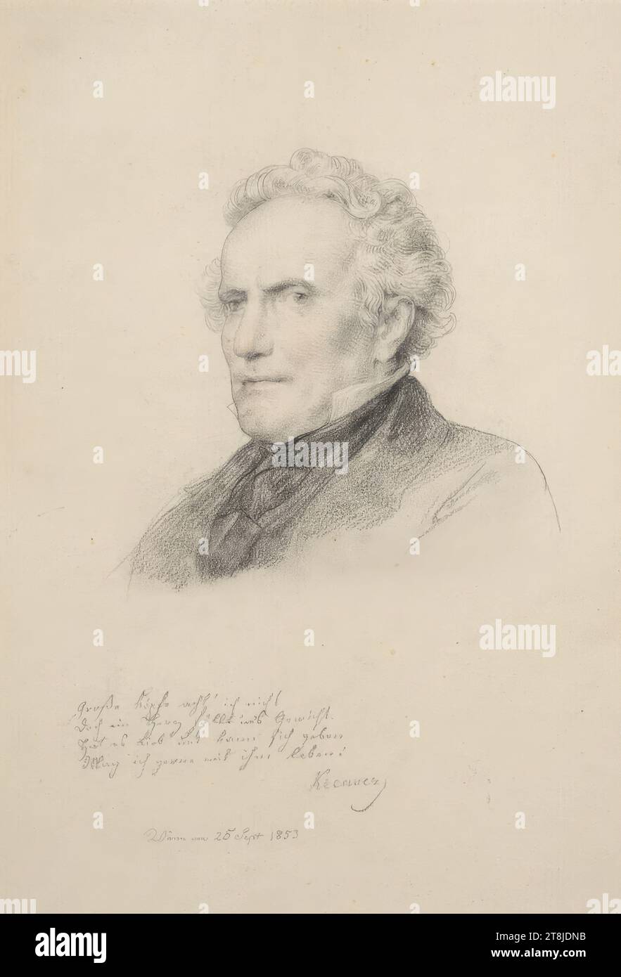 Portrait of Kerecseny, Leopold Kupelwieser, Markt Piesting 1796 - 1862 Vienna, 1853, drawing, lead pen, red chalk, passepartout section: 33.3 x 23.cm, 13 1/8 x 9 1/16in., l.l. I don’t pay attention to 'big heads' / but a heart matters. / He loves it and can give himself/herself / I like living with him! / Kerecseny / Vienna on September 25, 1853, Austria Stock Photo