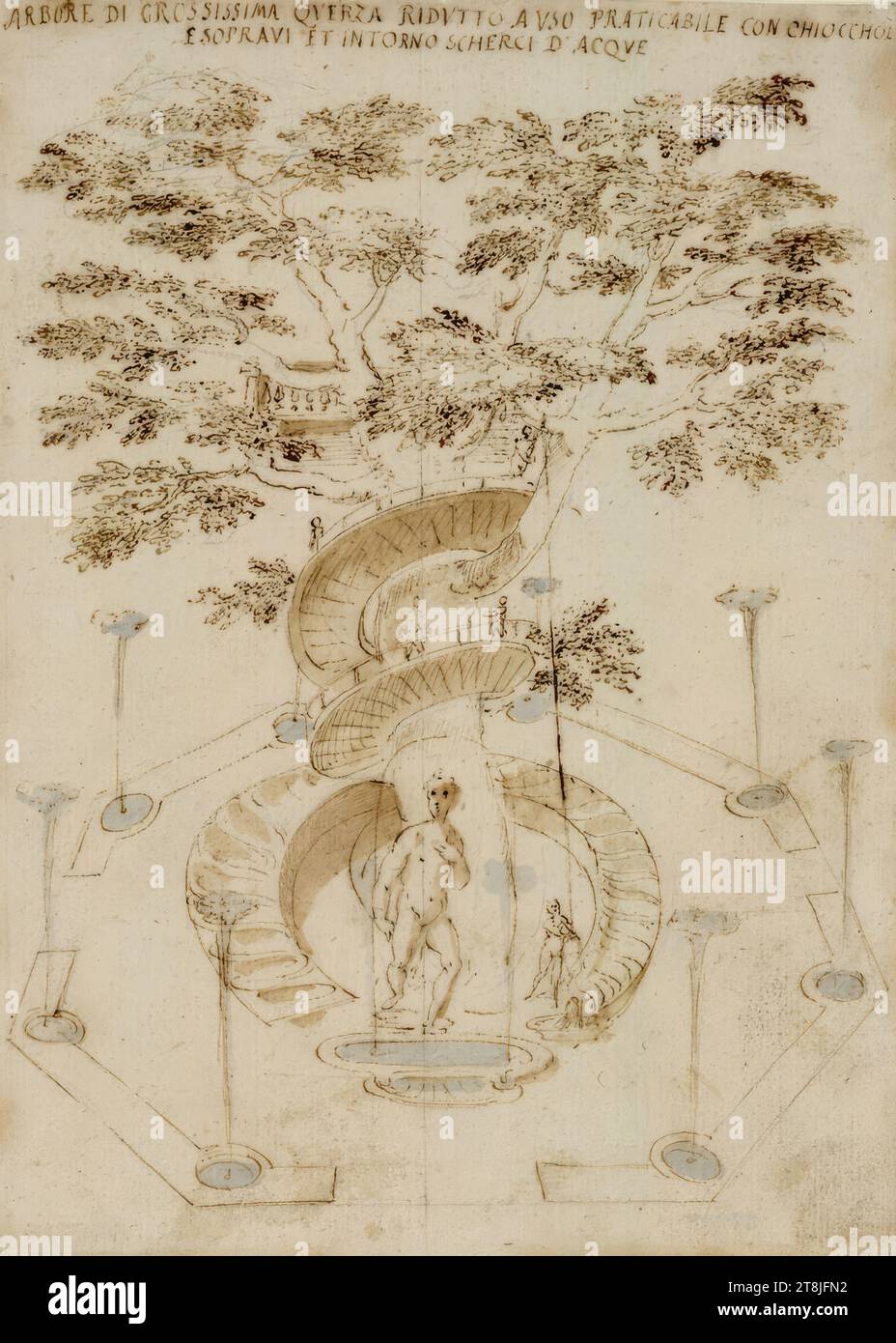 Pratolino, The large oak tree with water features, Giovanni Guerra, Modena around 1540/44 - 1618 Rome, drawing, pen, bister, washed, bluish watercolor, sheet: 22.5 cm x 16.5 cm Stock Photo