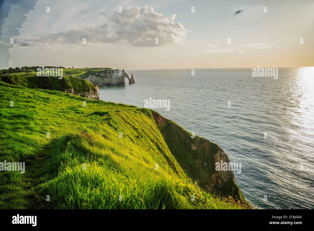 Sheer cliffs are dangerous -  The coast of Etretat  of Normandy is located on the so-called Limestone Coast (pas de Caux) .  Famous  Falaise d'Avaln i Stock Photo