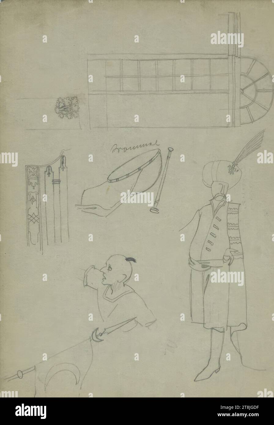 Sketch of building details; Sketch of an Ottoman, a drum, a flag; Partial sketch of a figure, partly upside down, sketchbook Wacik Franz; 64 paginated pages, so-called Prinz Eugen sketchbook, Franz Wacik, Vienna 1883 - 1938 Vienna, 1915, drawing, pencil, sheet: 21.3 x 16.5 cm, M.M. 'Drum', pencil, Austria Stock Photo