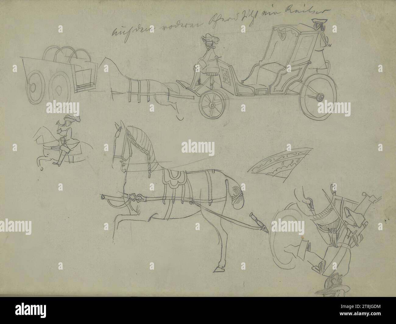 Various sketches and detailed sketches of a noble horse-drawn carriage ...