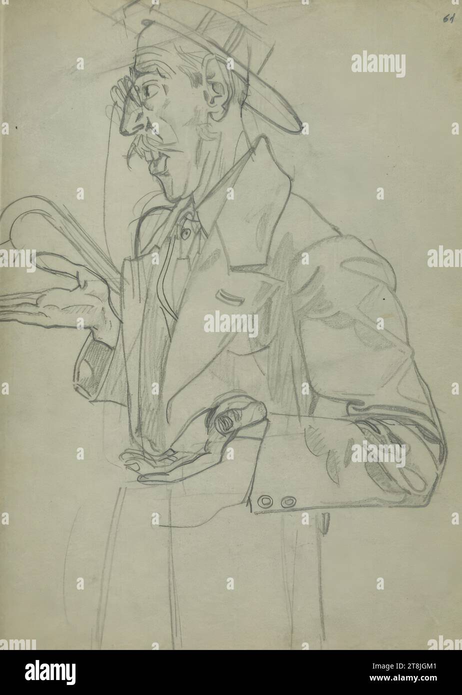 Caricature of a gentleman with a cane and hat giving a speech with a