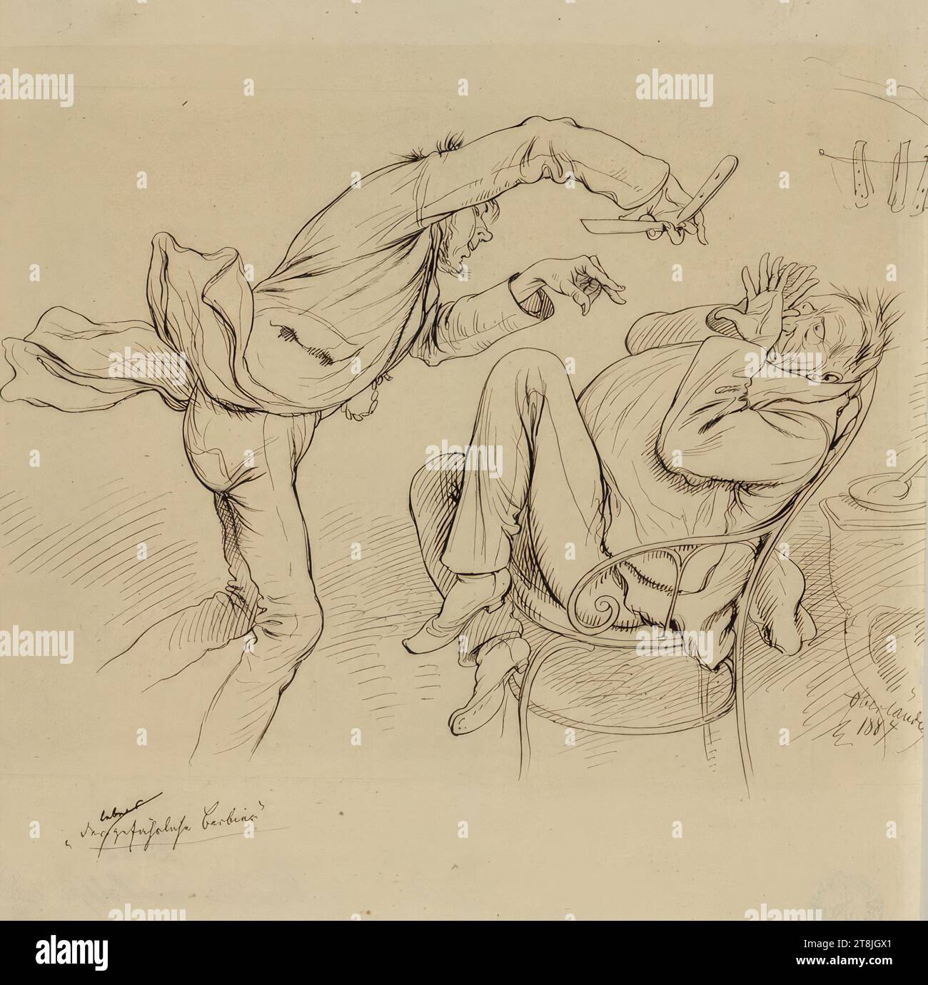 The life-threatening barber', Adolf Oberländer, Regensburg 1845 - 1923 Munich, 1884, drawing, pen in brown; Trace of a pencil border line around the image, 208 x 197 mm, recto: r. and in the illustration: 'Oberländer 1884', pen in brown; r. slightly cropped, left, under the illustration: 'The life-threatening barber' ', pen in brown, l.u. '60', lead, erased, '789', lead, erased, - verso: r.r. '2033 The nose as a halter', Bleist Stock Photo