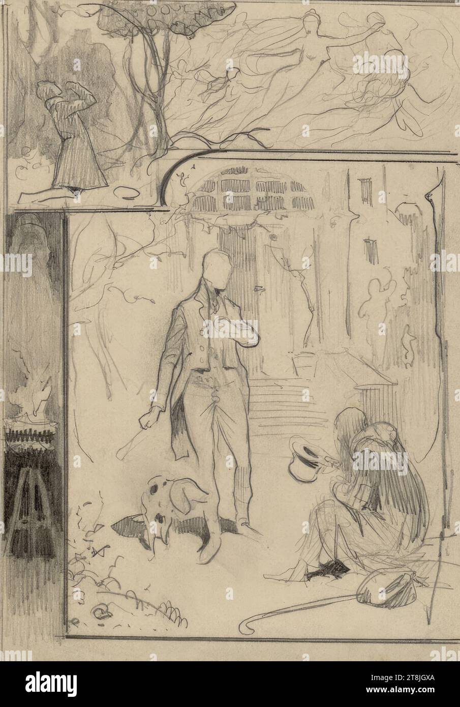 Design: gentleman with dog, old beggar, Carl Leopold Hollitzer, Bad Deutsch-Altenburg 1874 - 1942 Rekawinkel, drawing, pencil, according to Cahier: 160 x 112 mm Stock Photo
