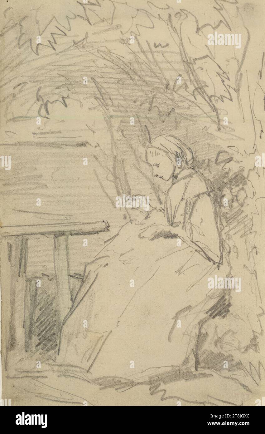 Girl doing handicrafts at a table in the garden, Wilhelm Busch ...