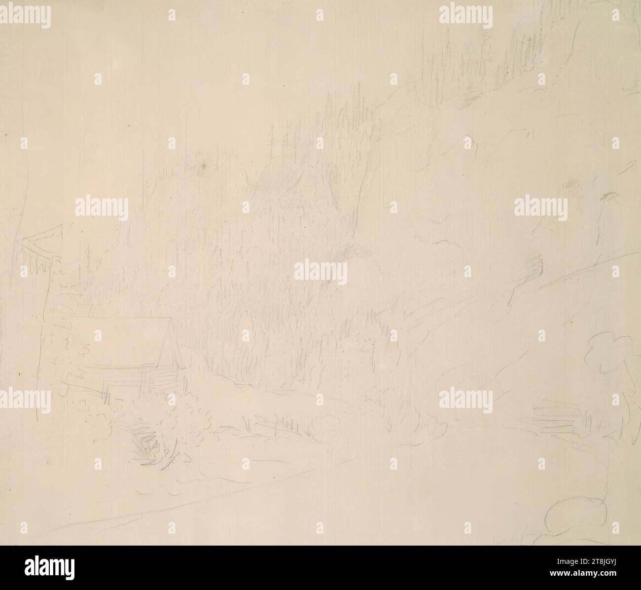 Forest landscape with wooden hut, sketchbook Toma Matthias Rudolf; 29 pasted pencil sketches, the pasted book pages are paginated, Matthias Rudolf Toma, Vienna 1792 - 1869 Vienna, drawing, pencil, sheet: 20.8 cm x 24 cm, l.l. 'Mountain Mürzsteg.', Pencil, Austria Stock Photo