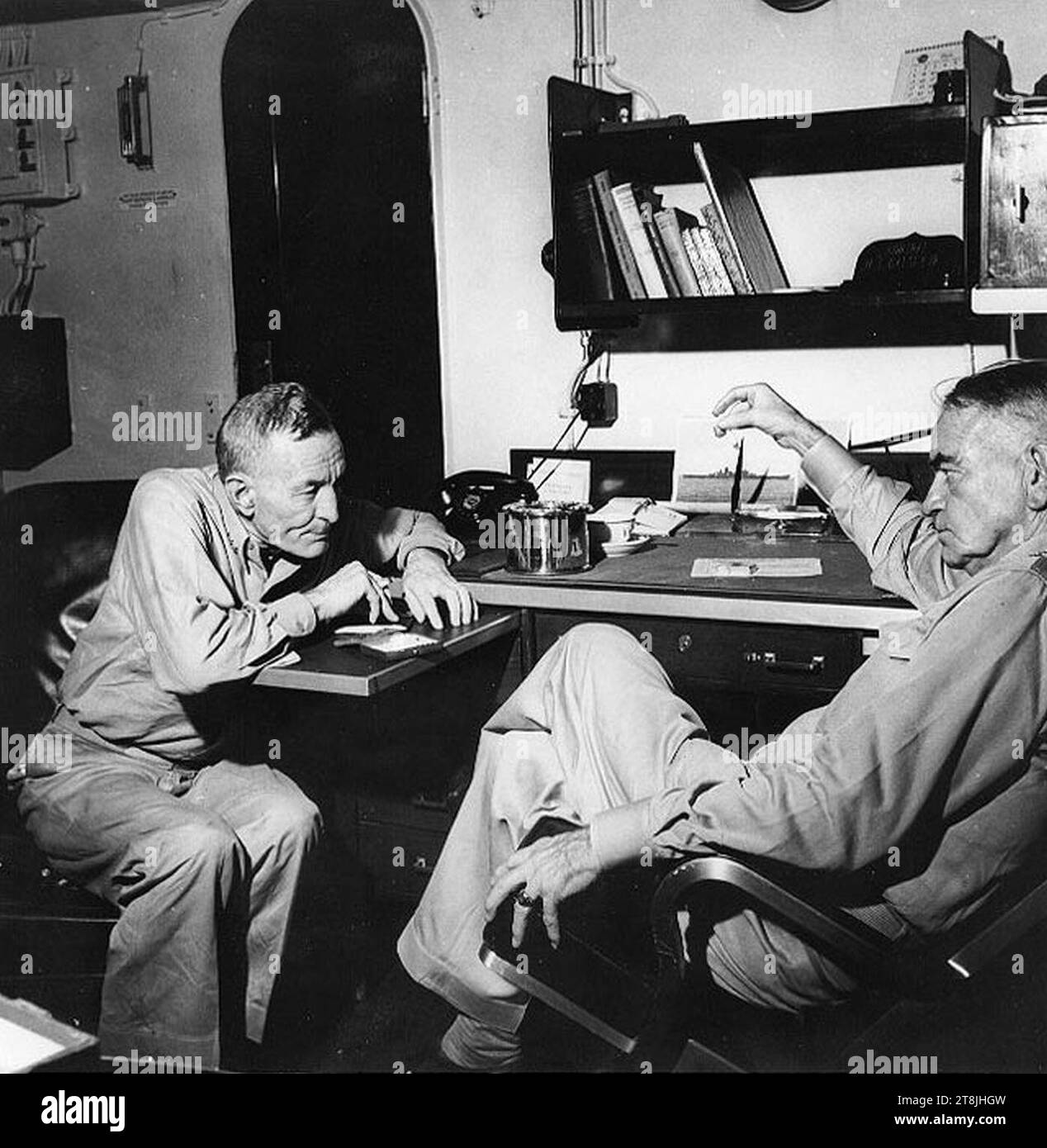 VAdm John S. McCain and Adm William F. Halsey aboard USS New Jersey (BB-62), December 1944. Stock Photo