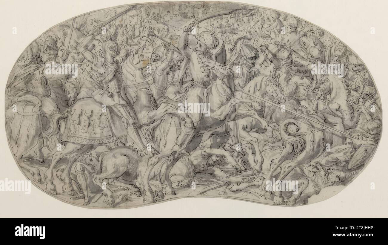 Battle scene between knights and oriental warriors, around 1600, drawing, pen and gray wash, max. 14 x max. 25.8 cm, verso: M.u. Collector's stamp Bernhard Funck Stock Photo