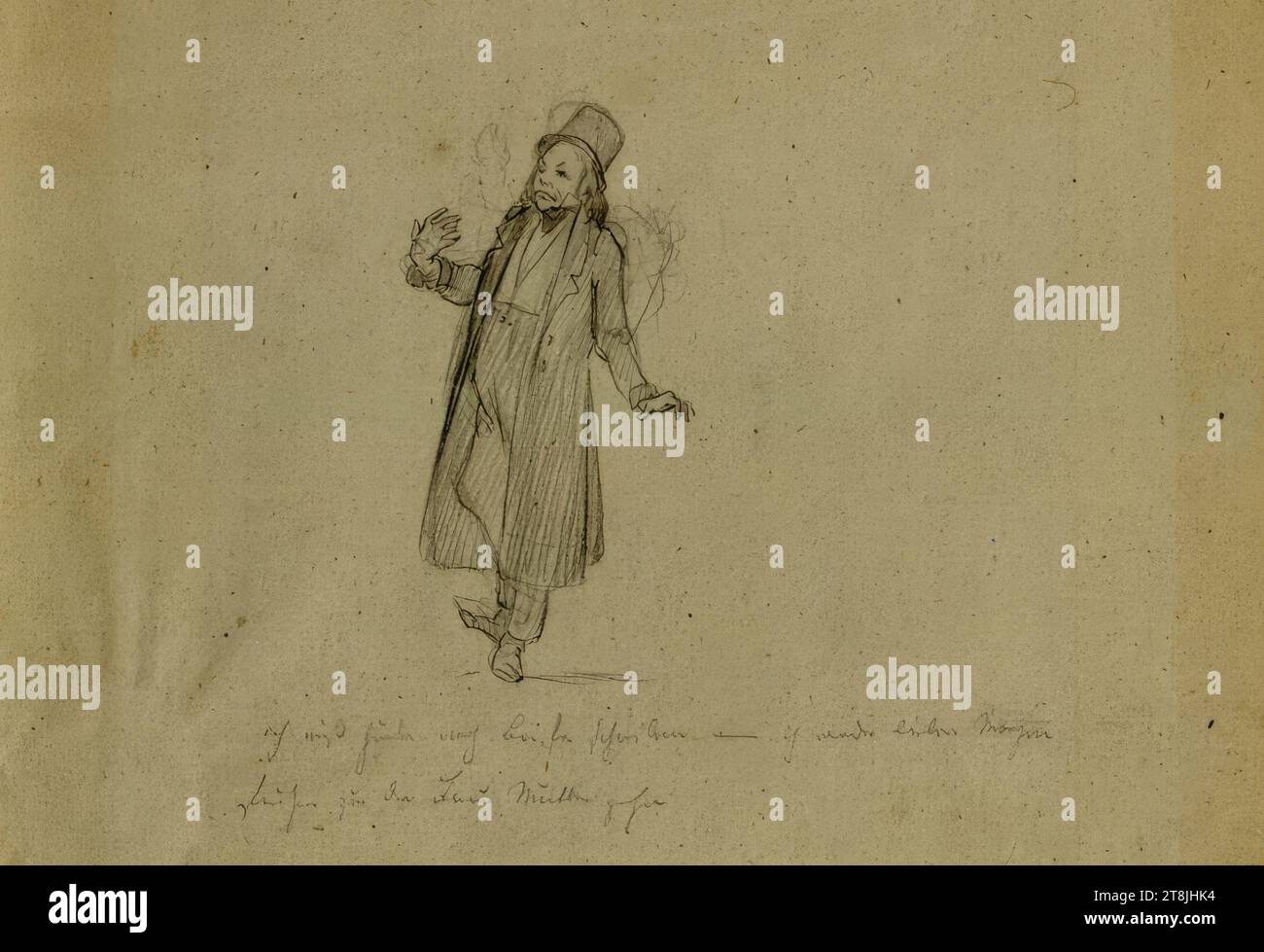 Depiction of a man with strong gestures, with a coat and top hat, sketchbook Danhauser Josef; 26 parts, Josef Danhauser, Vienna 1805 - 1845 Vienna, drawing, pencil, watercolored; Inscription: colored pencil, pencil, 17.1 x 20.9 cm, right. 'Nachlaß Danhauser', estate stamp, verso: right Seal mark, because I'd rather go to my mother tomorrow / straight away'; verso: l.u. 'I still have to write letters today / N 3 Danhauser'; r.u. '423, Austria Stock Photo