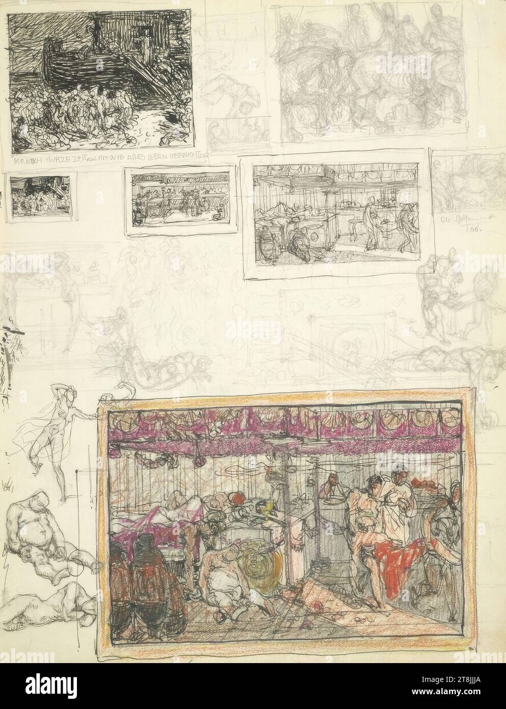 Various sketches; 'ONLY A SHORT TIME LEFT AND I WANT TO DESTROY ALL LIFE', spiral notebook with 27 paginated pages, Alexander Rothaug, Vienna 1870 - 1946 Vienna, around 1928, drawing, pencil; ink pen; Colored pencil, sheet: 26.6 cm x 21 cm, Austria Stock Photo