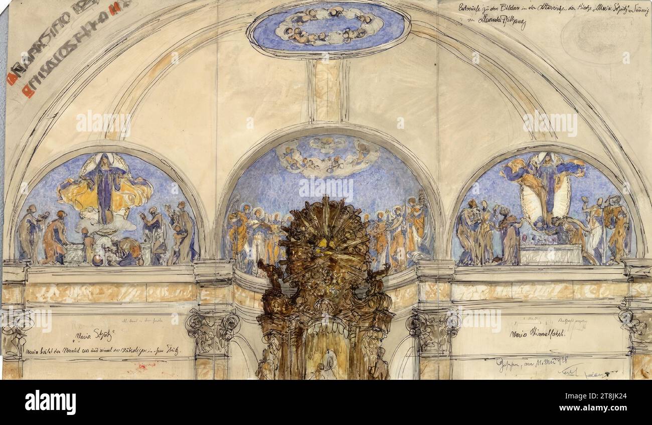 Drafts for the pictures in the Altarnic Church of Maria Schutz, Alexander Rothaug, Vienna 1870 - 1946 Vienna, 1928, drawing, pencil, watercolor, ink, pen, 34.7 x 59 cm, right. 'Assumption of Mary / Seen on May 11, 928 / Karl '; r.o. 'Designs for the pictures in the altar niche of the church 'Maria Schutz am by Alexander Rothaug'; l.u. 'Mary Protection' Mary spreads out her cloak and takes the weary under her protection, Austria Stock Photo