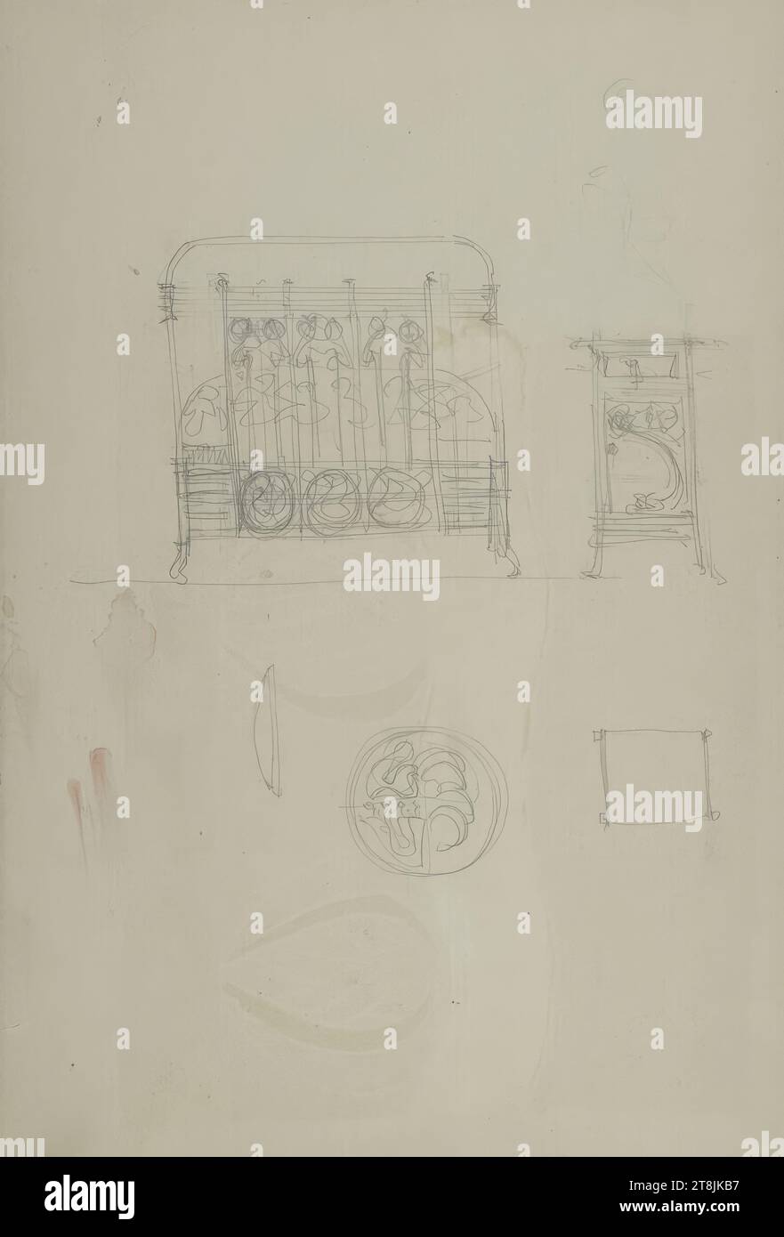 Study of a footboard of a bed with floral ornaments and a nightstand