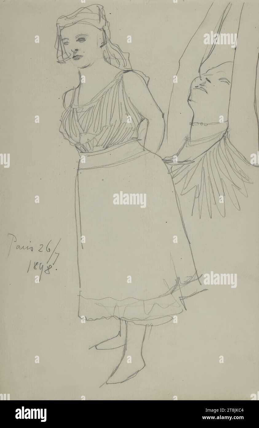 full-length sketch of a standing young lady, arms crossed behind her back; Study of the same as a half-length portrait, with raised arms, sketchbook of farmer Leopold; 44 paginated pages, Leopold Bauer, Krnov, Jägerndorf, 1872 - 1938 Vienna, July 26, 1898, drawing, pencil, sheet: 25.4 x 17 cm, Austria Stock Photo