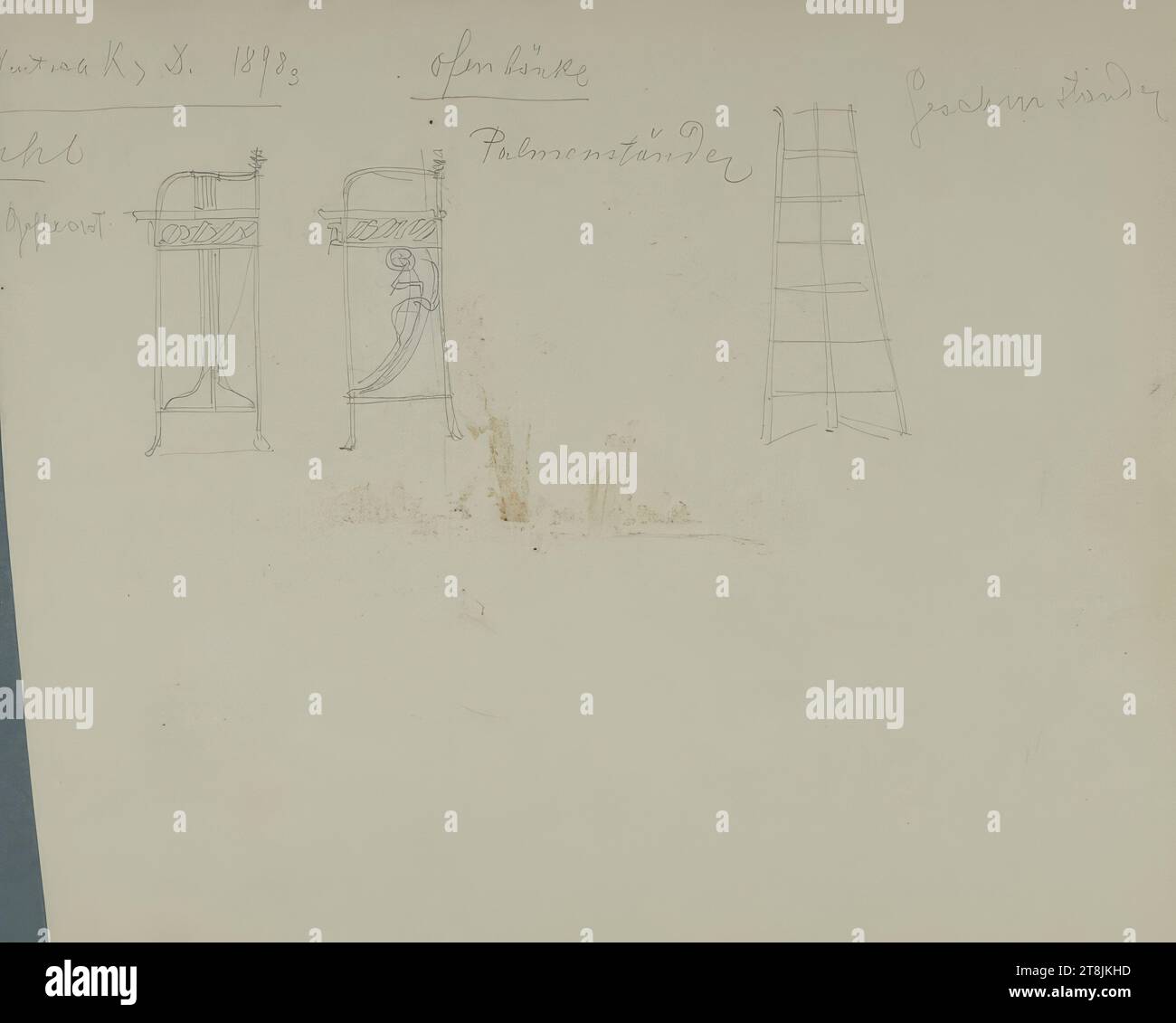 Sketches of oven benches, palm tree and dish racks, upside down in the sketchbook, Farmer Leopold's sketchbook; 44 paginated pages, Leopold Bauer, Krnov, Jägerndorf, 1872 - 1938 Vienna, 1900, drawing, pencil, sheet: 17 x 20.2 cm, various inscriptions; M.o. 'Oven benches / palm stands'; r.o. 'dish rack, Austria Stock Photo