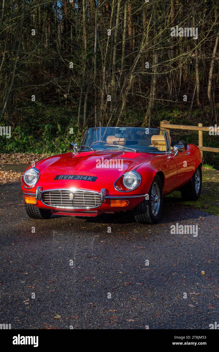 !973 Jaguar E Type Series 3 V12 classic British Sports car in red and