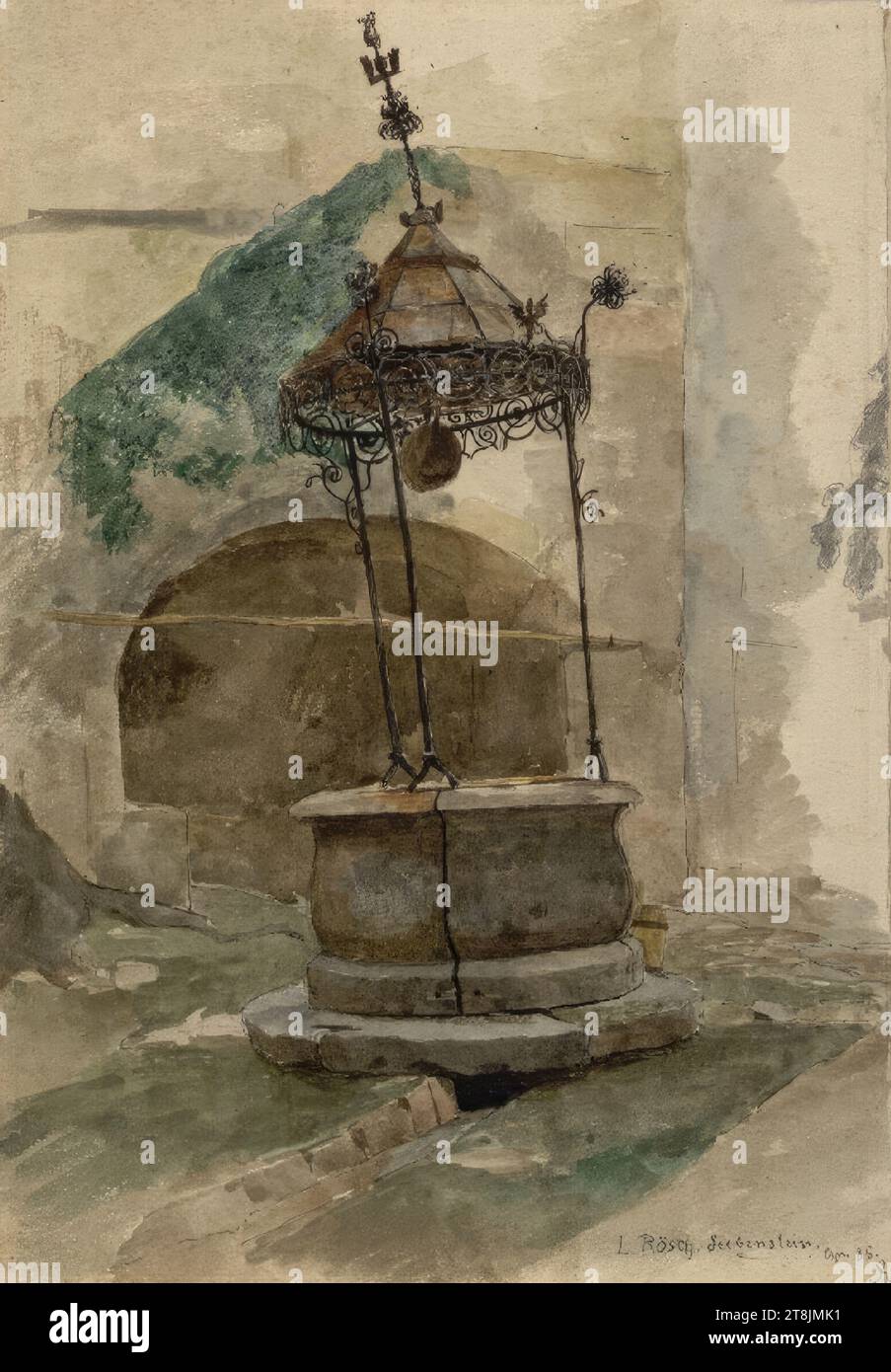 Fountain, Seebenstein, Ludwig Rösch, Vienna 1864 - 1936 Vienna, drawing, ink, pen, watercolor, 242 x 236 mm, right. 'L.Rösch Seebenstein, 85. R, Austria Stock Photo