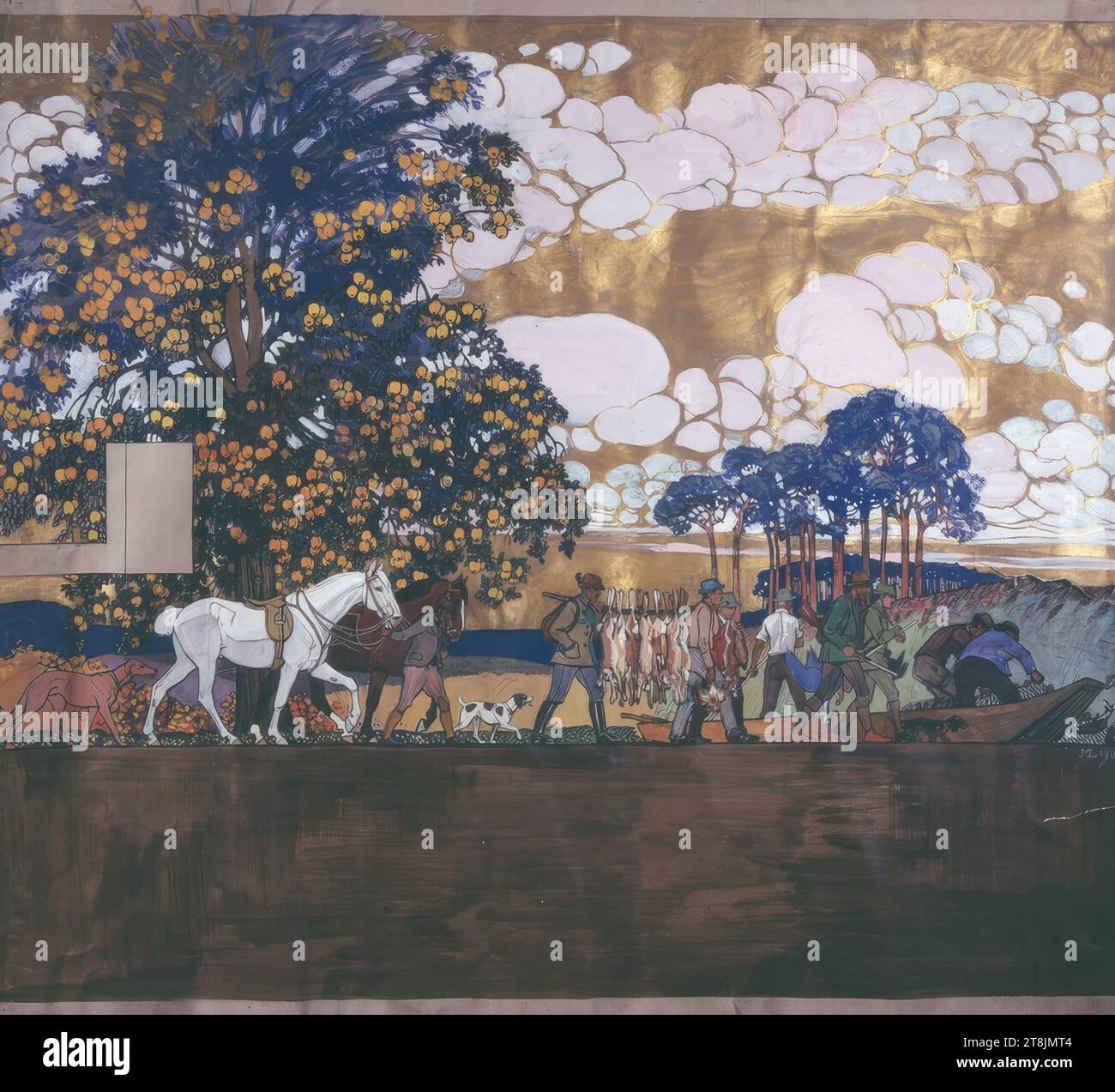 Autumn, drawing, opaque colors, opaque white, gold paint, brush in ink