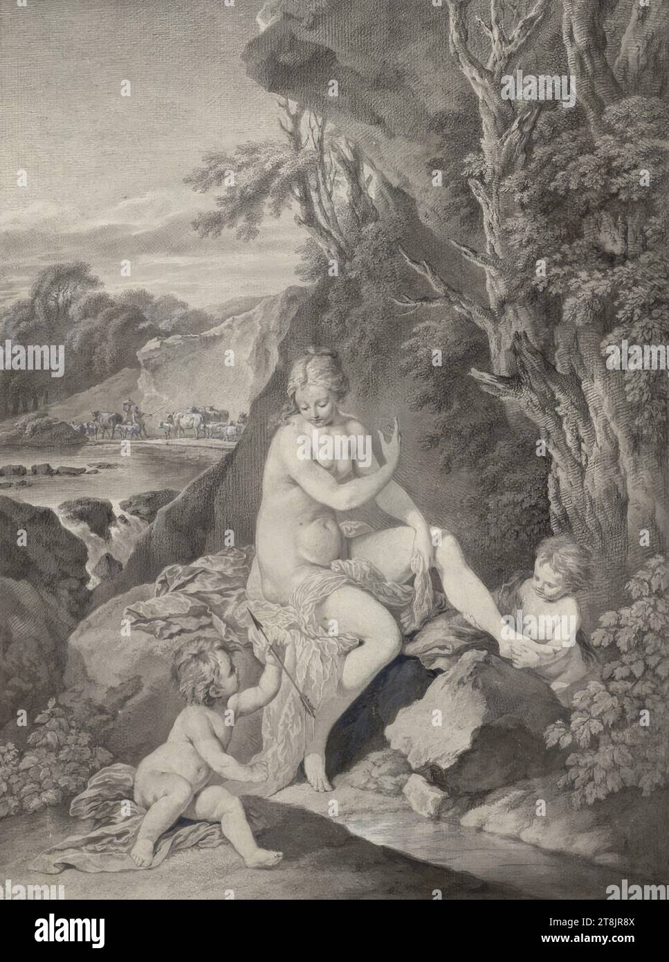 Venus and Cupid after Ditricy, Johann Adam von Bartsch, Vienna 1757 - 1821 Vienna, drawing, black stone chalk, ink, washed, 41.2 x 31.2 cm, l.l. Duke Albert of Saxe-Teschen, Austria Stock Photo
