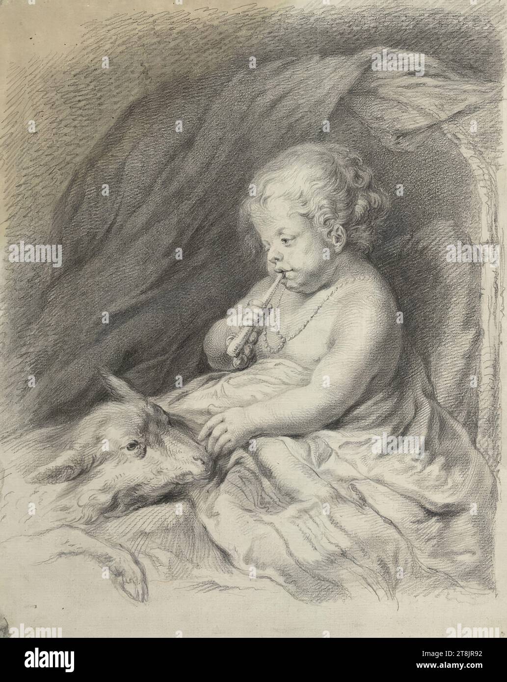 Child and lamb, Johann Adam von Bartsch, Vienna 1757 - 1821 Vienna, drawing, black stone chalk, 31.3 x 25 cm, right. Duke Albert of Saxe-Teschen, Austria Stock Photo
