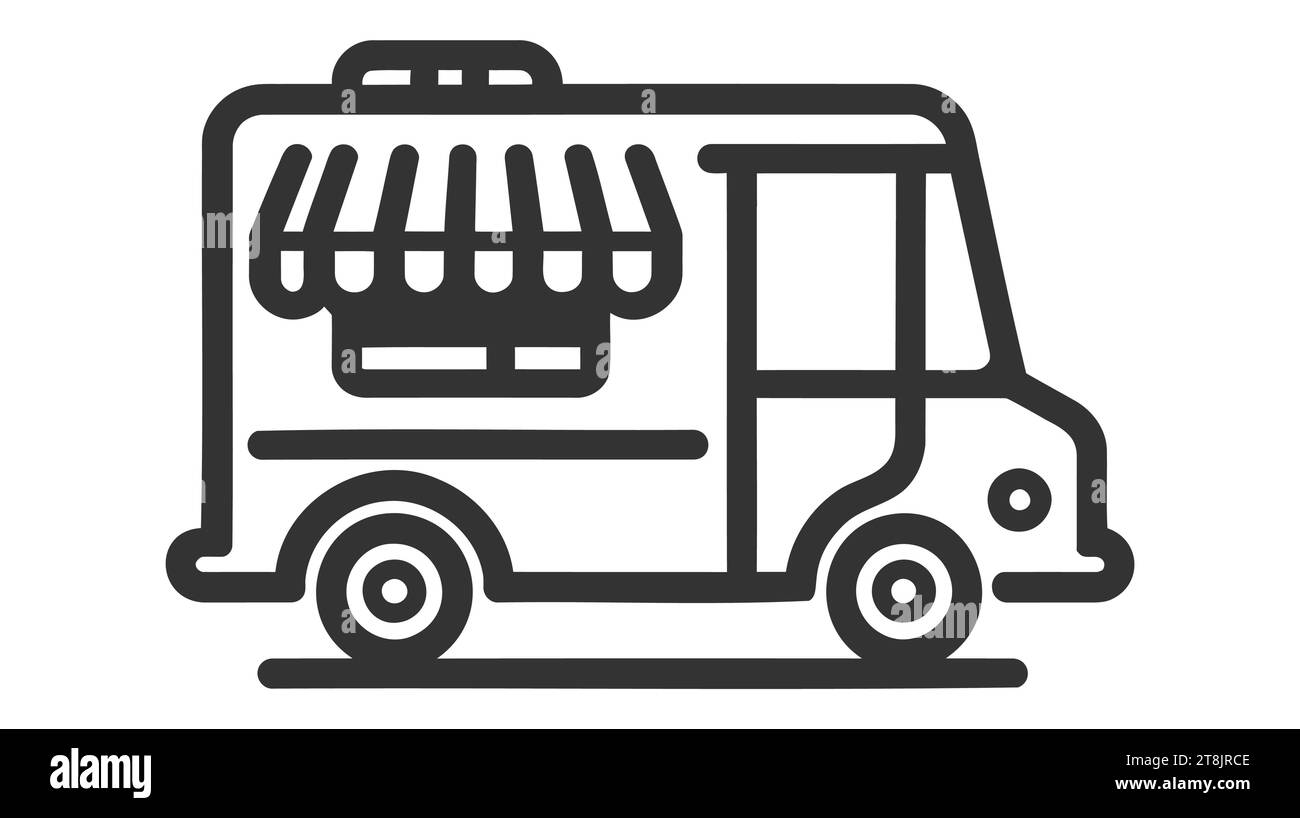 Street food truck icon template. Vector line trade van illustration. Mobile cafe car logo background. Festival shop transport to cook and sell meals Stock Vector