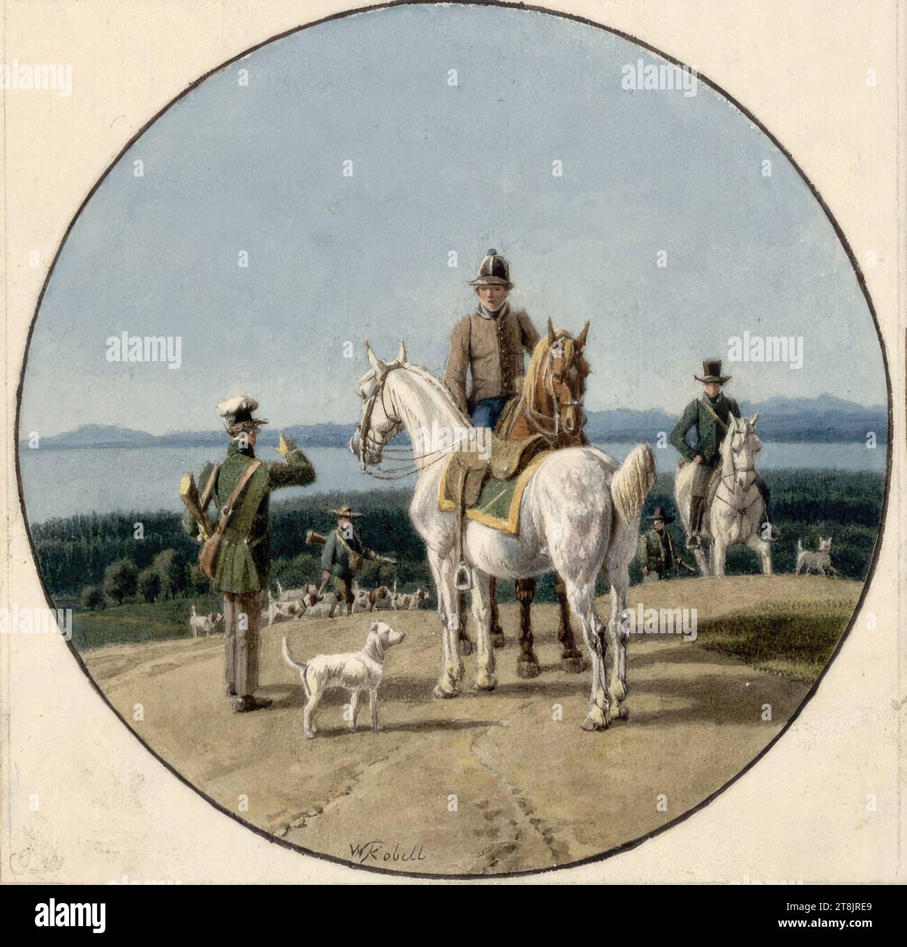 Hunting ride, Wilhelm Alexander Wolfgang von Kobell, Mannheim 1766 - 1855 Munich, before 1822, drawing, watercolor, pencil border line, black border line around the depiction, 8.7 x 8.8 cm, l.l. Duke Albert of Saxe-Teschen, below: 'W Kobell', pen in black-gray, Mount: on Albert mount 'Guill.Kobell Stock Photo