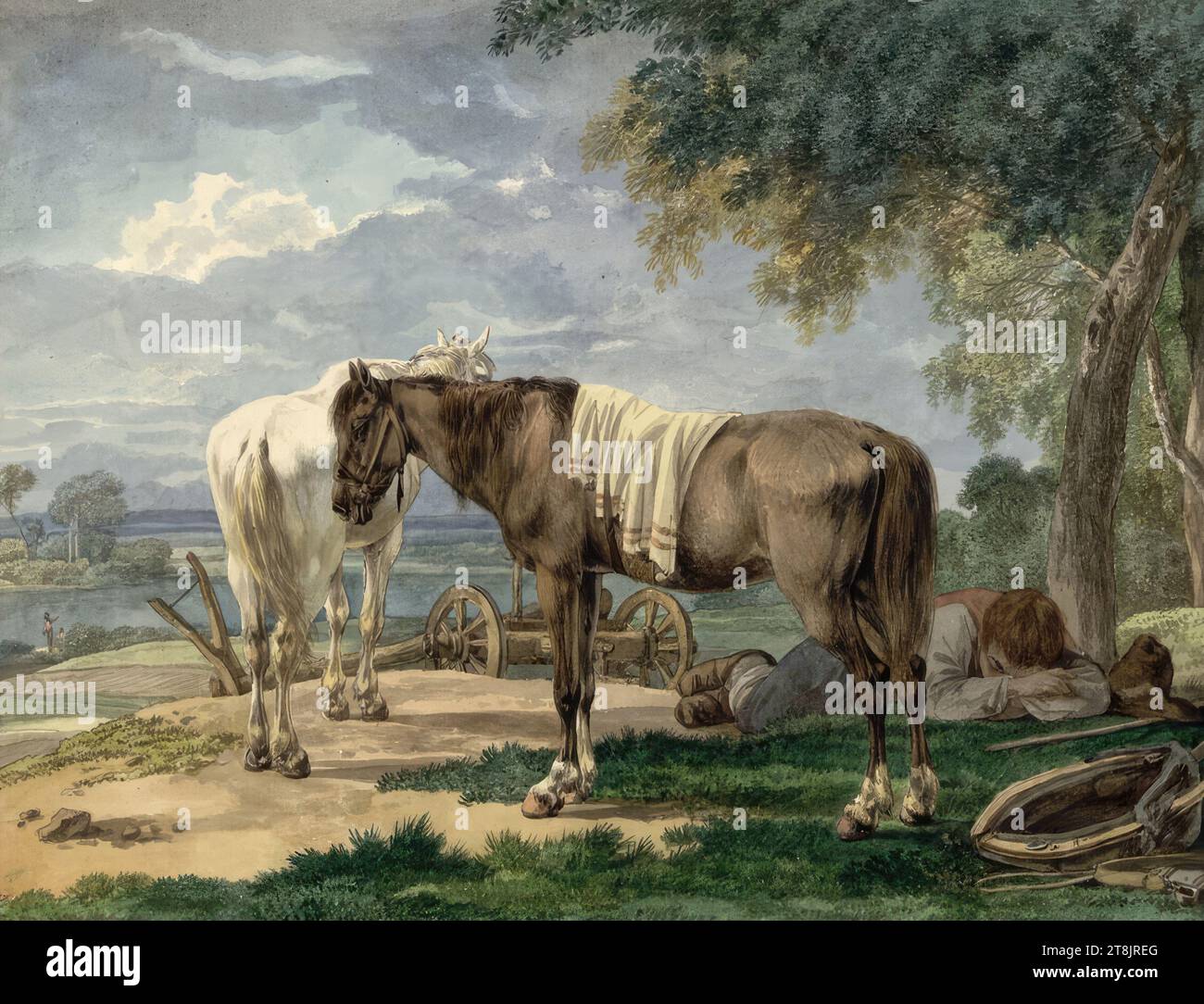 A sleeping farmer with two horses, Wilhelm Alexander Wolfgang von Kobell, Mannheim 1766 - 1855 Munich, around 1797, drawing, pen in gray, watercolor, brown border line, 26.7 x 34.5 cm, l.l. Duke Albert of Saxe-Teschen Stock Photo