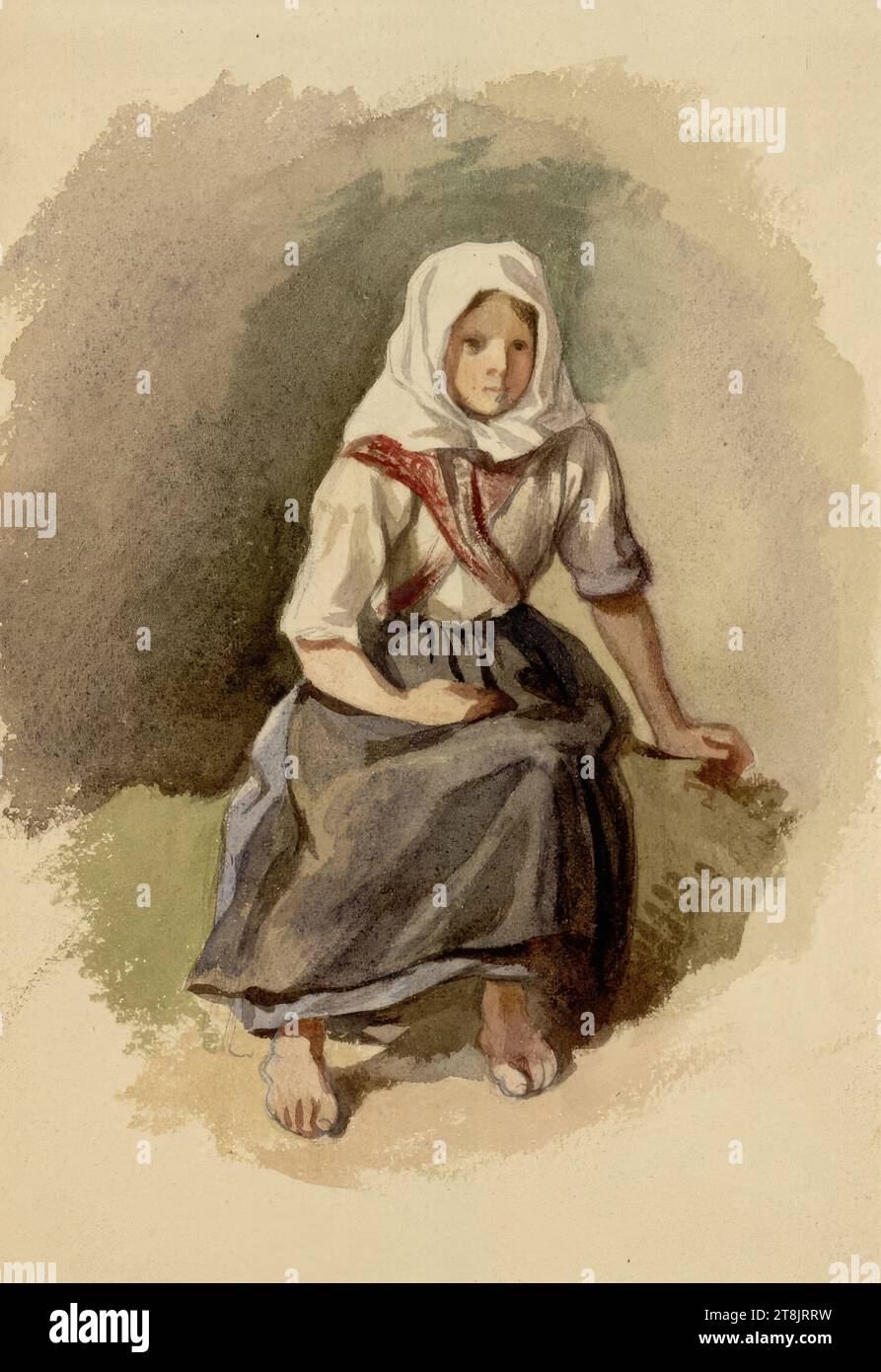 Seated farm girl, Johann Gualbert Raffalt, Murau 1836 - 1865 Rome, around 1840, drawing, watercolor, 19.4 × 13.5 cm Stock Photo