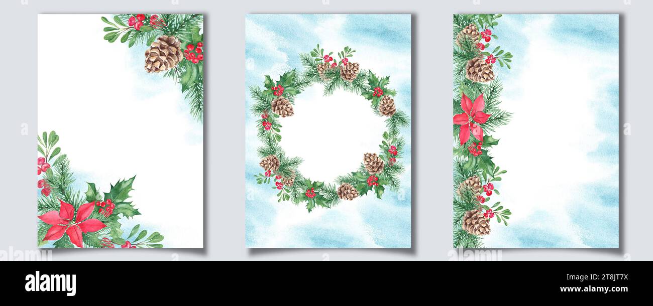 Set of Christmas card templates with pine cone and branches, holly ...