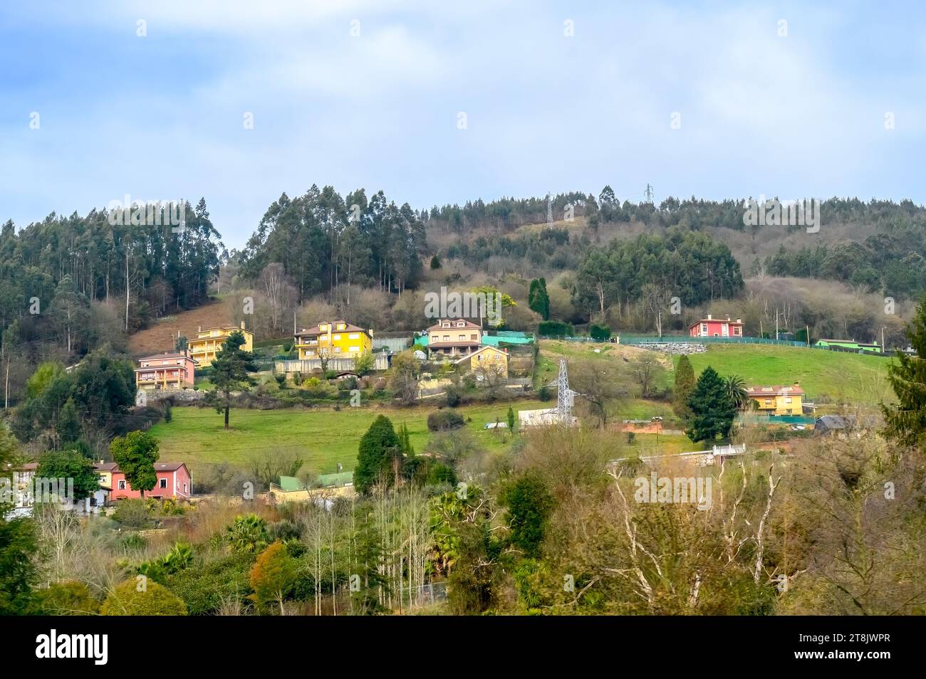 Oviedo, Spain, 2023: rural landscape with houses Stock Photo