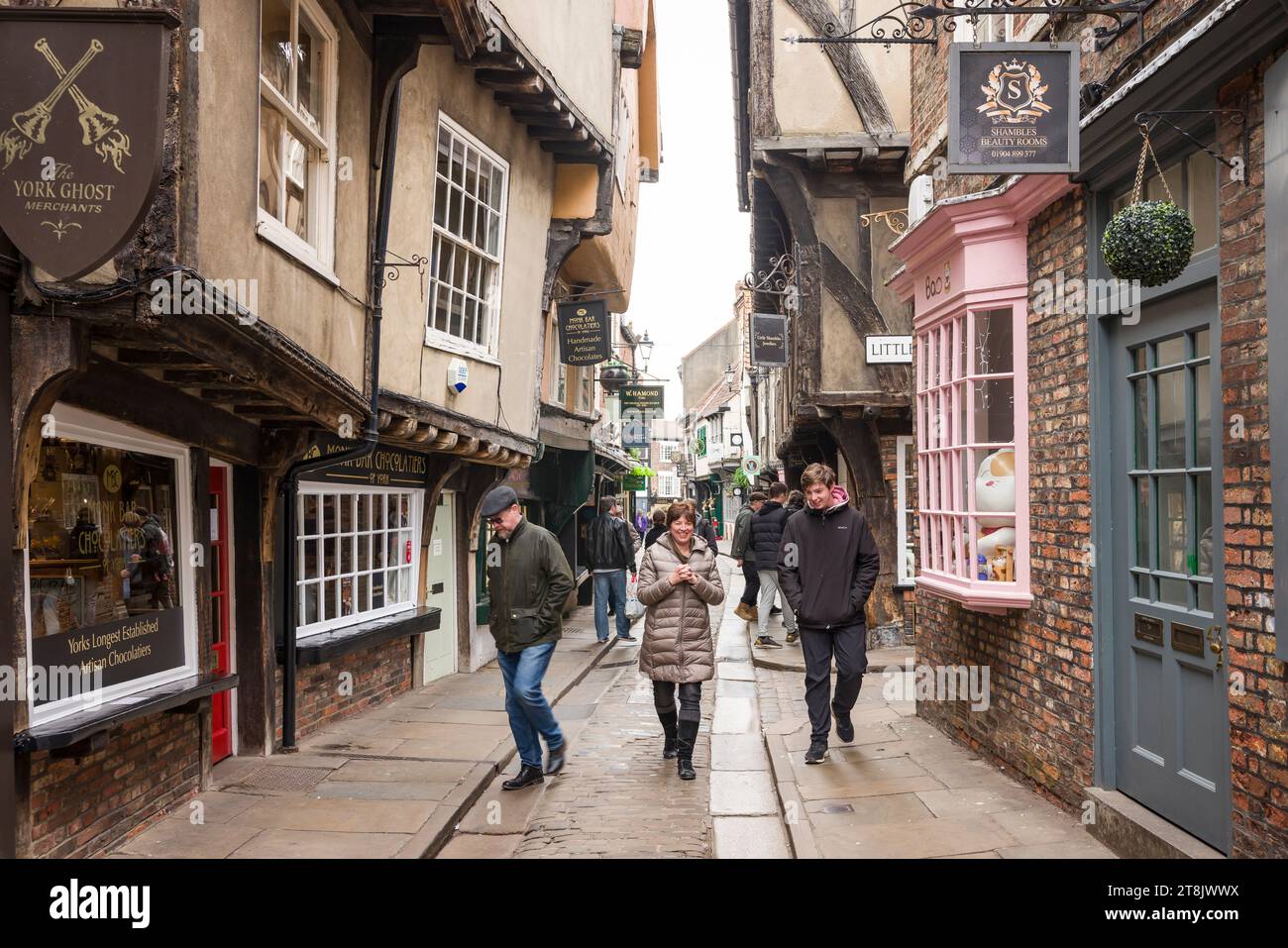 YORK, UK - April 19, 2023. The Shambles, a famous narrow medieval street in historic city of York, UK Stock Photo