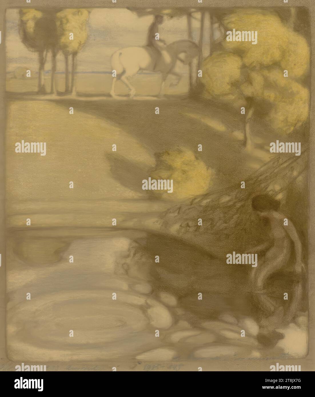 Am Weiher, Karl Schmoll von Eisenwerth, Vienna 1879 - 1948 Bad Gastein, 1903, print, algraphy, sheet: 20.1 x 17.3 cm, l.l. 'Algraphy... By the pond, Austria Stock Photo