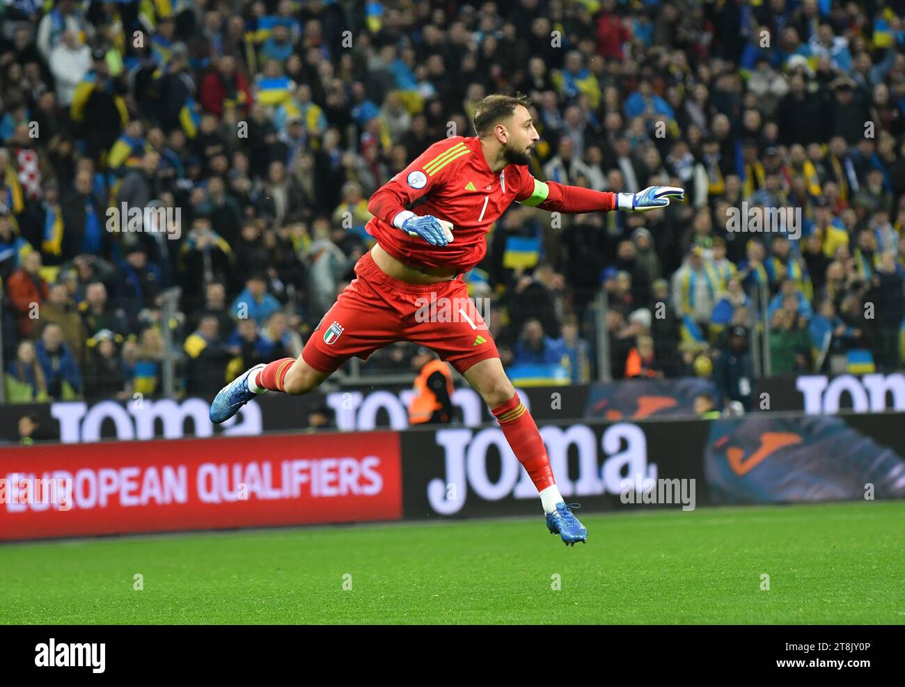 Leverkusen, Germany - November 20, 2023: Goalkeeper Gianluigi Donnarumma of Italy in action during the UEFA EURO 2024 Qualifying game against Ukraine at BayArena stadium in Leverkusen. Game draw 0-0 Stock Photo