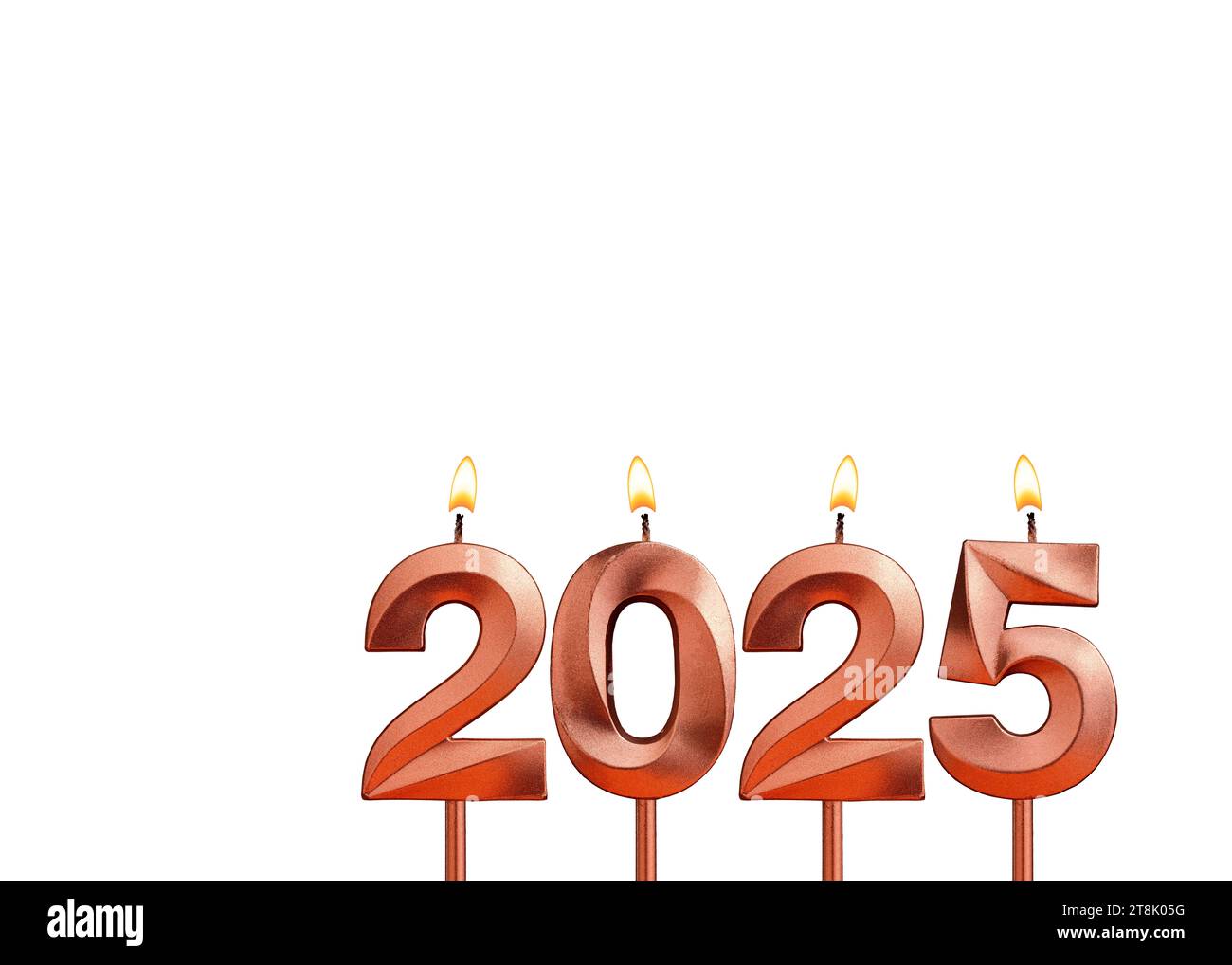 Happy New Year 2025 Candles in the form of burning numbers on a white