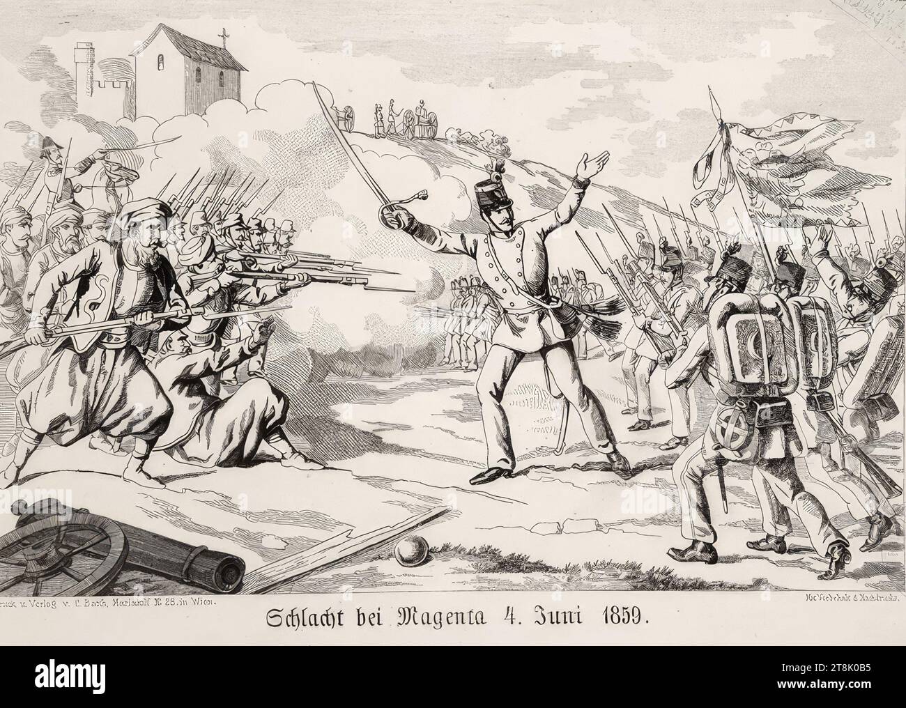 Battle of Magenta June 4, 1859.', around 1860, print, etching on paper, sheet: 21.2 × 31.3 cm, long stamp ''LIBRARY, OF THE K.K., MINISTRY OF POLICE', recto, Round stamp 'LIBRARY OF THE K.K. MINISTER COUNCIL PRESIDIUM', recto, [r.r.] 'With reservation d. Reprint', below the illustration Stock Photo