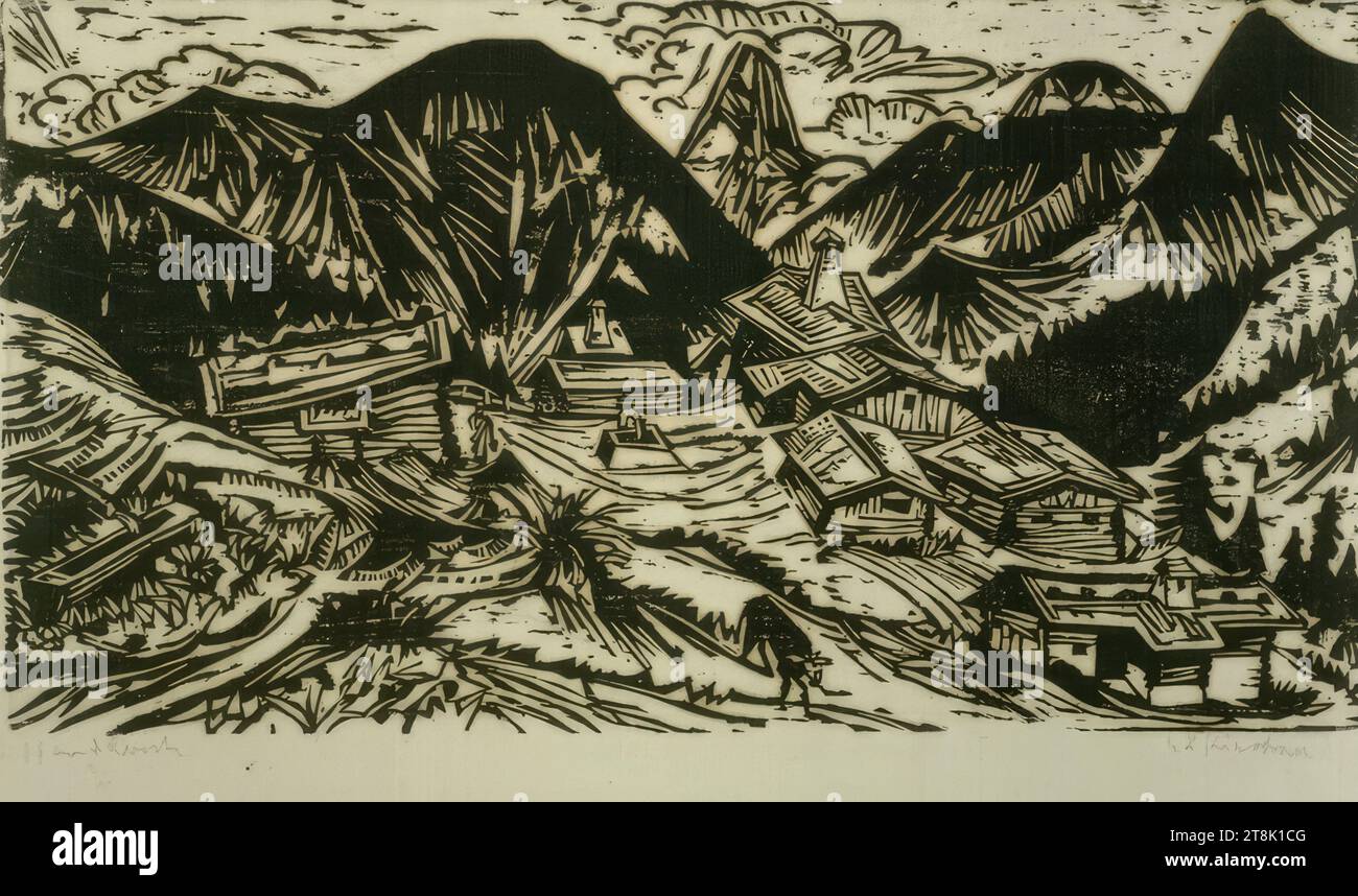 Stafelalp, Ernst Ludwig Kirchner, Aschaffenburg 1880 - 1938 Frauenkirch near Davos, 1917, print, woodcut on handmade cardboard, plate: 34.2 x 55.4 cm, l.l. with pencil: 'hand print Stock Photo