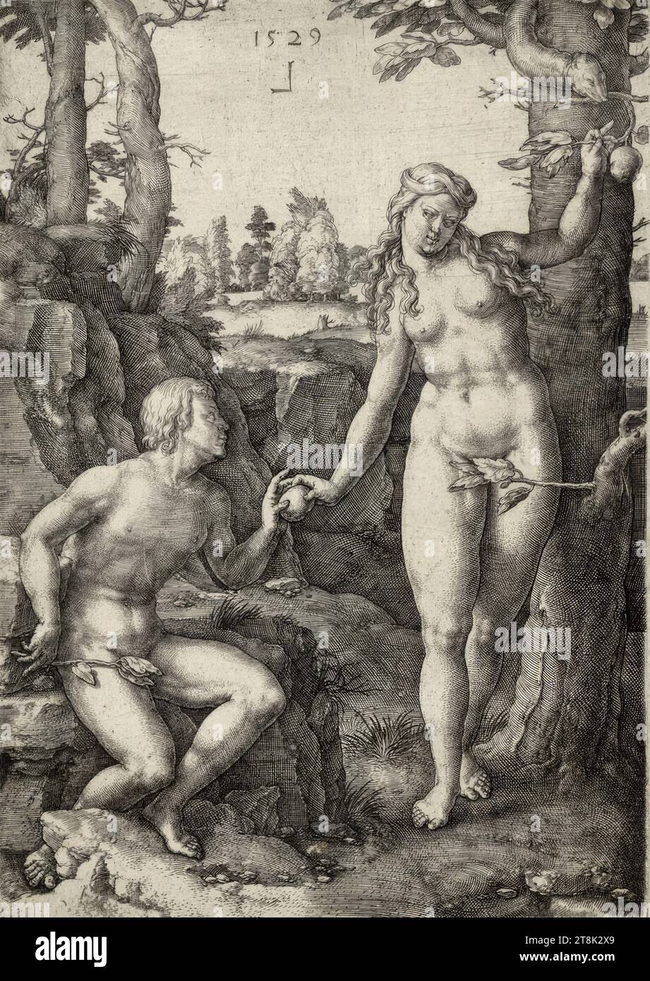 The Fall of Man, Creation Story, Lucas Hugensz. van Leyden, Leiden 1494 - 1533 Leiden, 1529, print, copper engraving, plate: 16.2 x 11.5 cm, according to New Hollstein Stock Photo