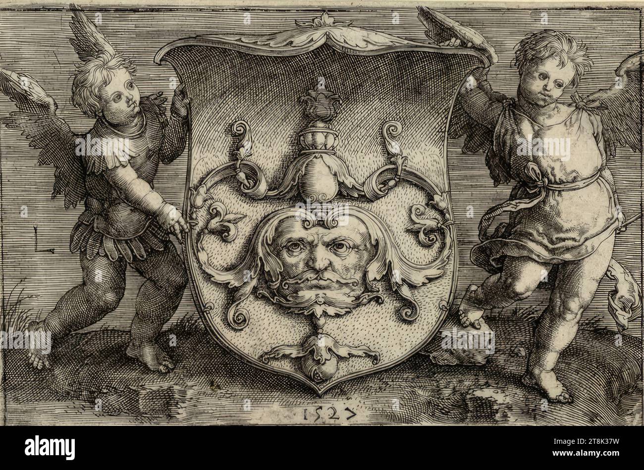 Two Geniuses Coat of arms with mask, held by two geniuses, Lucas Hugensz. van Leyden ...