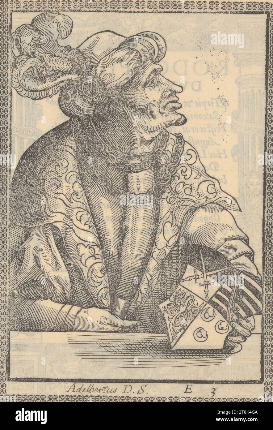 Portrait of Adelbert, Duke of Saxony, Illvstrissimo Principi AC Domino, Domino, Avgvsto, DVCI Saxoniae Electori, Sacri Romani Imperii Archimarschallo, Landgrauio Thuringiæ, Marchioni Misniae, Burggrauio Magedggersi, Domini Suo Clementissimo, S.D Prince, Lucas Cranach D . J., Wittenberg 1515 - 1586 Weimar, 1563, print, woodcut, sheet: 18.1 × 12.5 cm, M.u. 'Adelbertus D.S Stock Photo