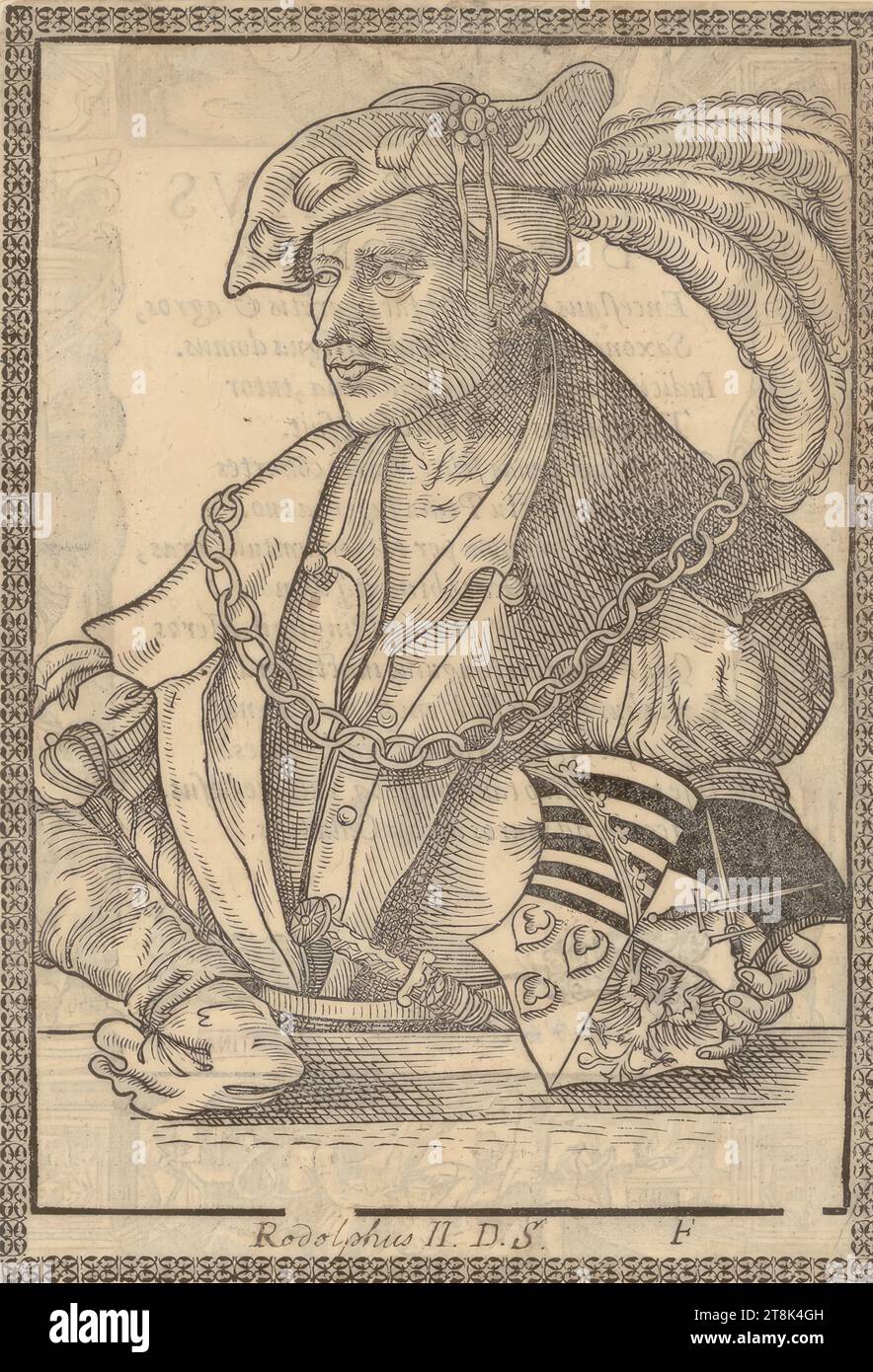 Portrait of Rudolf II, Duke and Elector of Saxony, ILLVSTRISSIMO PRINCIPI AC DOMINO, DOMINO, AVGVSTO, DVCI SAXONIAE ELECTORI, SACRI ROMANI IMPERII ARCHImarschallo, Landgrauio Thuringiæ, Marchioni Misniae, Burggrauio Magedburgensi, Domini suo clementissimo, S.D, 34 portraits of Saxon princes, Lucas Cranach d. J., Wittenberg 1515 - 1586 Weimar, 1563, print, woodcut, sheet: 18 × 12.4 cm, m.u. 'Rudolphus II. D.S Stock Photo