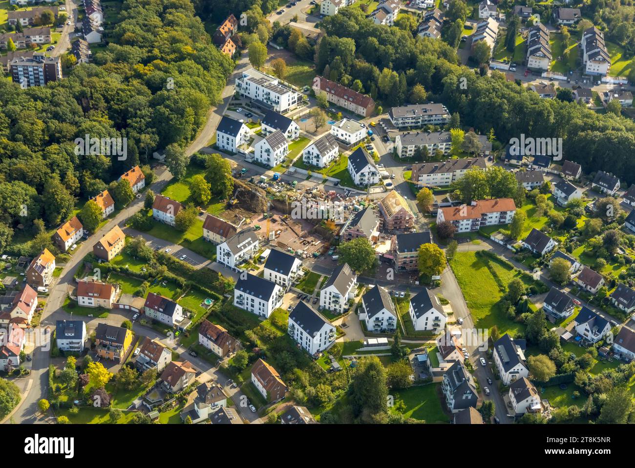 Aerial view, construction site with new building Quartierszentrum Zum Müggenberg, Neheim, Arnsberg, Sauerland, North Rhine-Westphalia, Germany Stock Photo