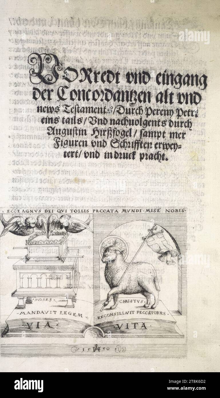 Ark of the Covenant and Lamb of God, title page to 'Preface and entrance of the Concordantzen old and news Testaments', Peter Pereny, Preface and entrance of the Concordanttzen old and news Testaments, Vienna 1550, Augustin Hirschvogel, Nuremberg 1503 - 1553 Vienna, 1550, printmaking, etching, type printing, also verso, Austria Stock Photo