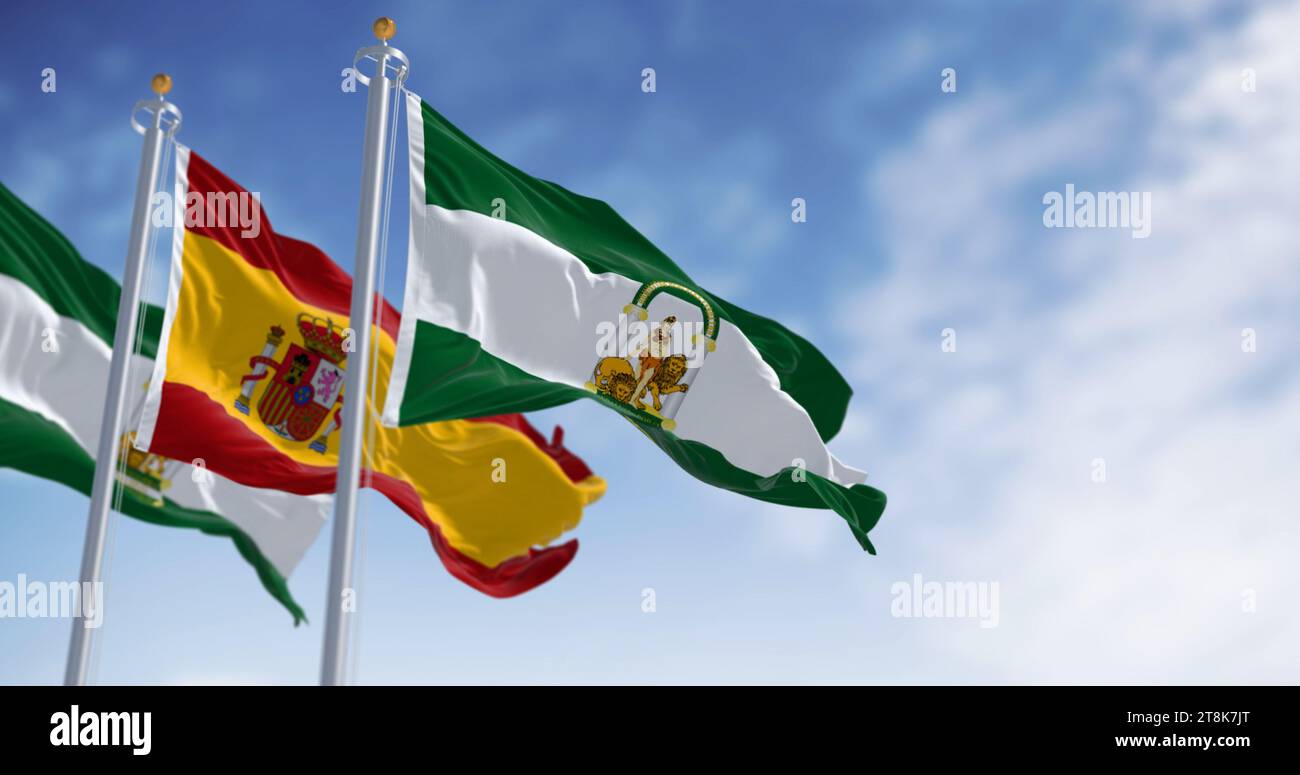 Green and white flags of Andalusia, with the coat of arms in the center