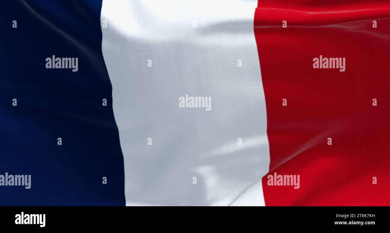 Close-up of national flag of France waving. Tricolor of blue, white and red vertical stripes. EU state member. 3d illustration render. Fluttering text Stock Photo