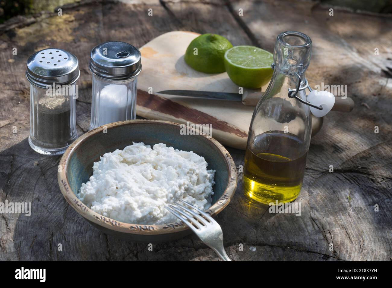 selfmade herb spread made of Feta, qwark, jogurt, oil and lemon juice, salt, pepper and Wild garlic Stock Photo