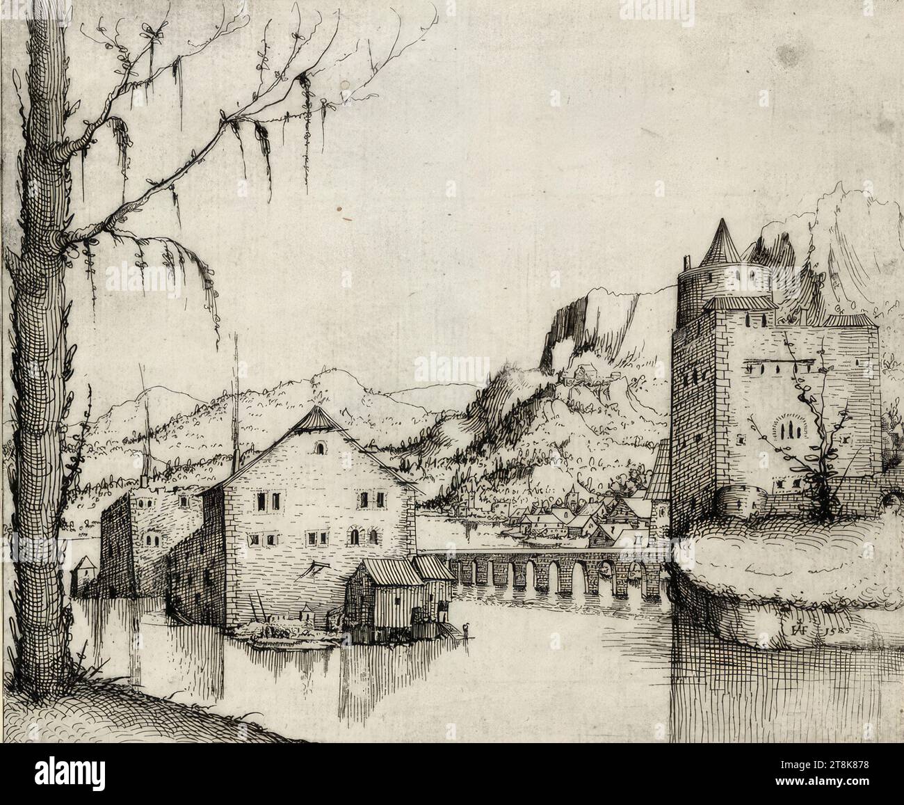 River landscape with two buildings in the water, Augustin Hirschvogel, Nuremberg 1503 - 1553 Vienna, 1545, print, etching, plate: 15.3 x 18.5 cm, Austria Stock Photo