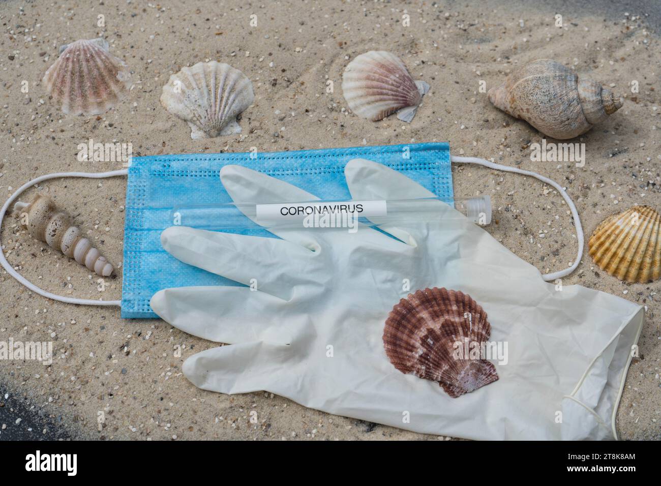 face mask, latex glove and test tubule, with shells and snailsshells on the beach, summer holidays under Corona conditions Stock Photo