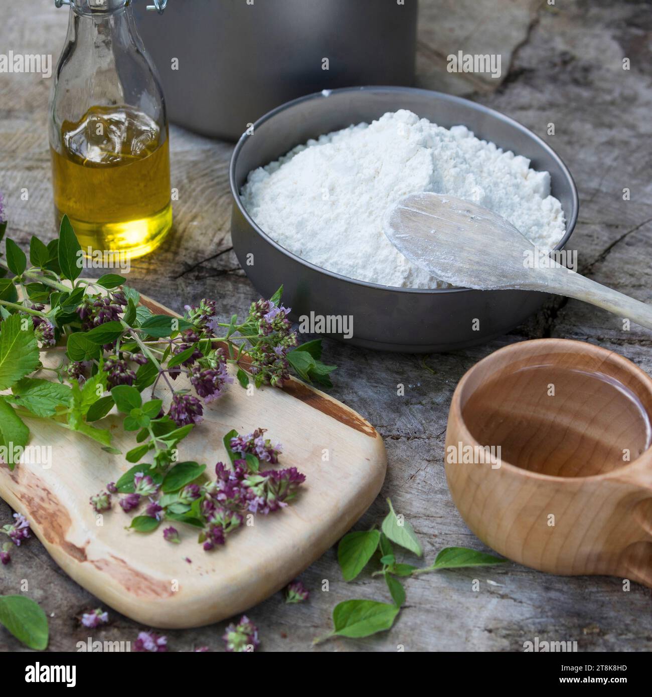 making of bannock, is baked on open fire, ingredients, series picture 1/5 Stock Photo